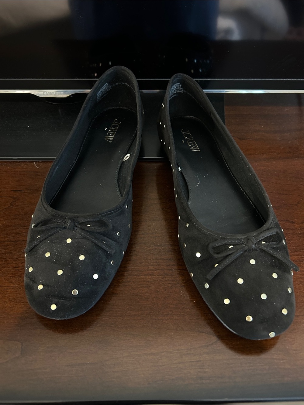 J. Crew Factory Black Suede Studded Ballet Flats with Gold Dots